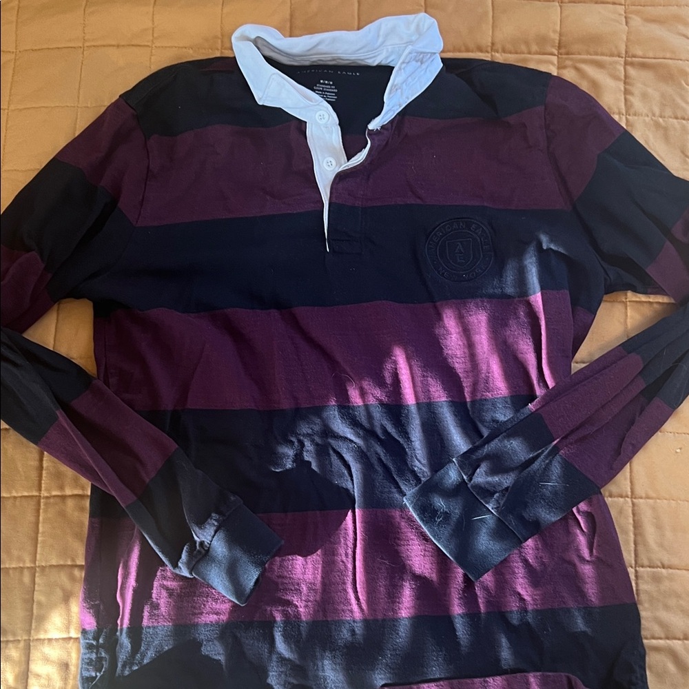 American Eagle Men's Striped Rugby Shirt - Purple and Black